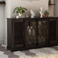 70" Dark Brown Solid Wood Carved Geometric Sideboard with Four Doors