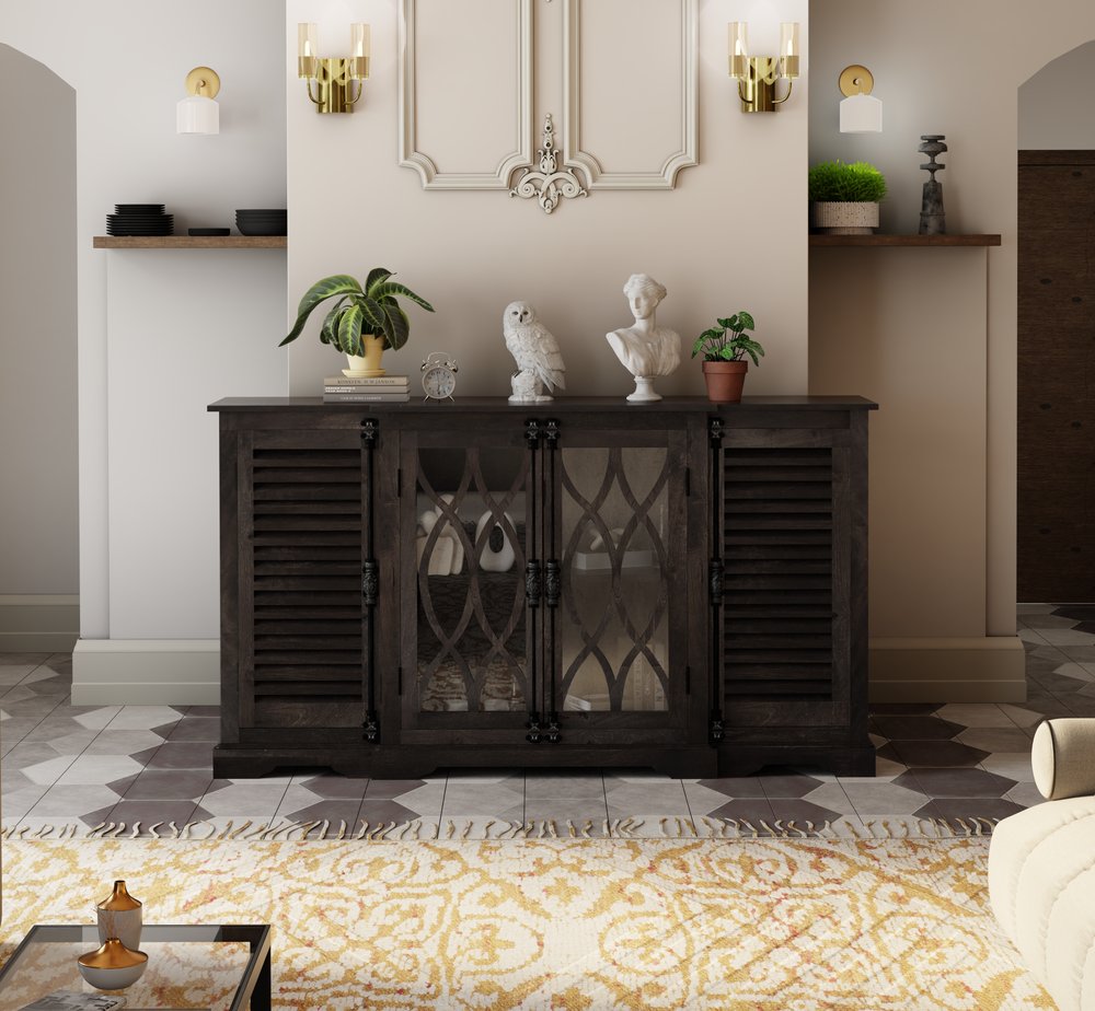 70" Dark Brown Solid Wood Carved Geometric Sideboard with Four Doors