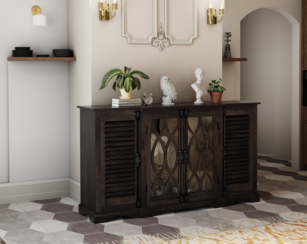 70" Dark Brown Solid Wood Carved Geometric Sideboard with Four Doors