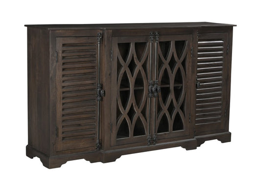 70" Dark Brown Solid Wood Carved Geometric Sideboard with Four Doors