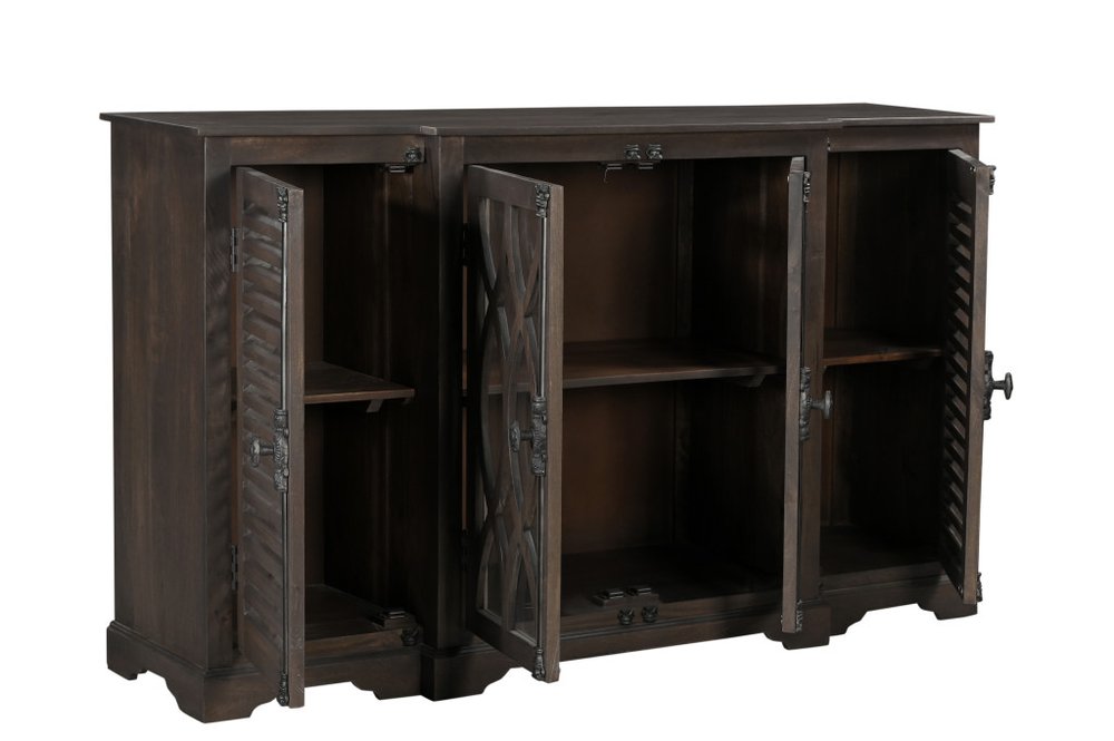 70" Dark Brown Solid Wood Carved Geometric Sideboard with Four Doors