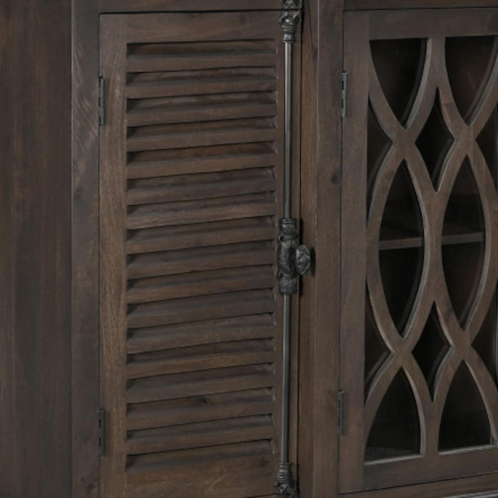 70" Dark Brown Solid Wood Carved Geometric Sideboard with Four Doors