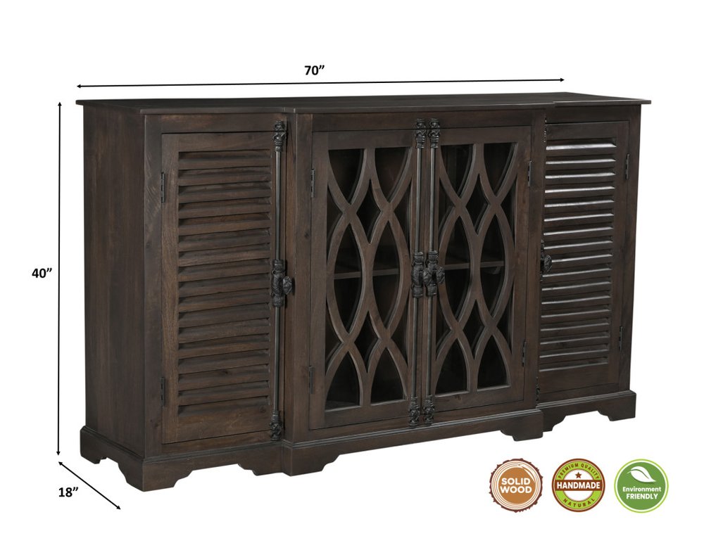 70" Dark Brown Solid Wood Carved Geometric Sideboard with Four Doors
