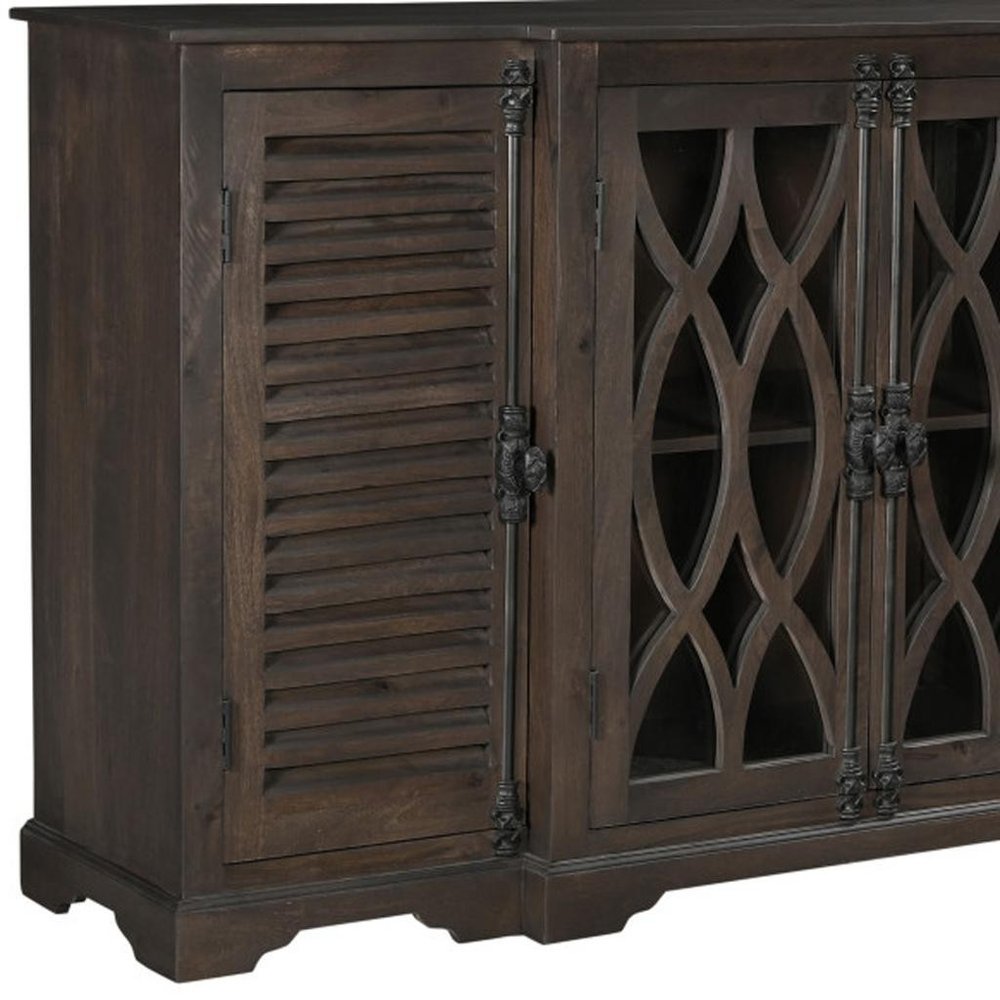 70" Dark Brown Solid Wood Carved Geometric Sideboard with Four Doors