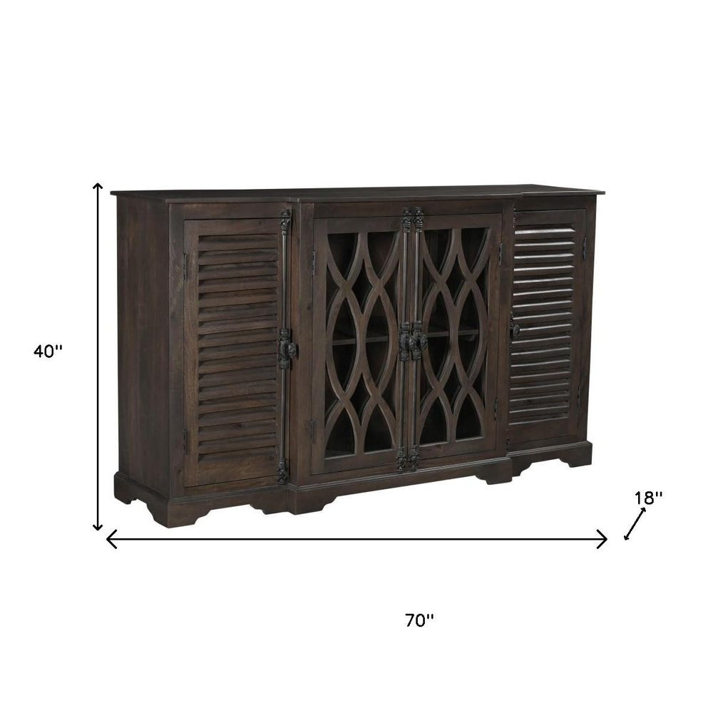 70" Dark Brown Solid Wood Carved Geometric Sideboard with Four Doors
