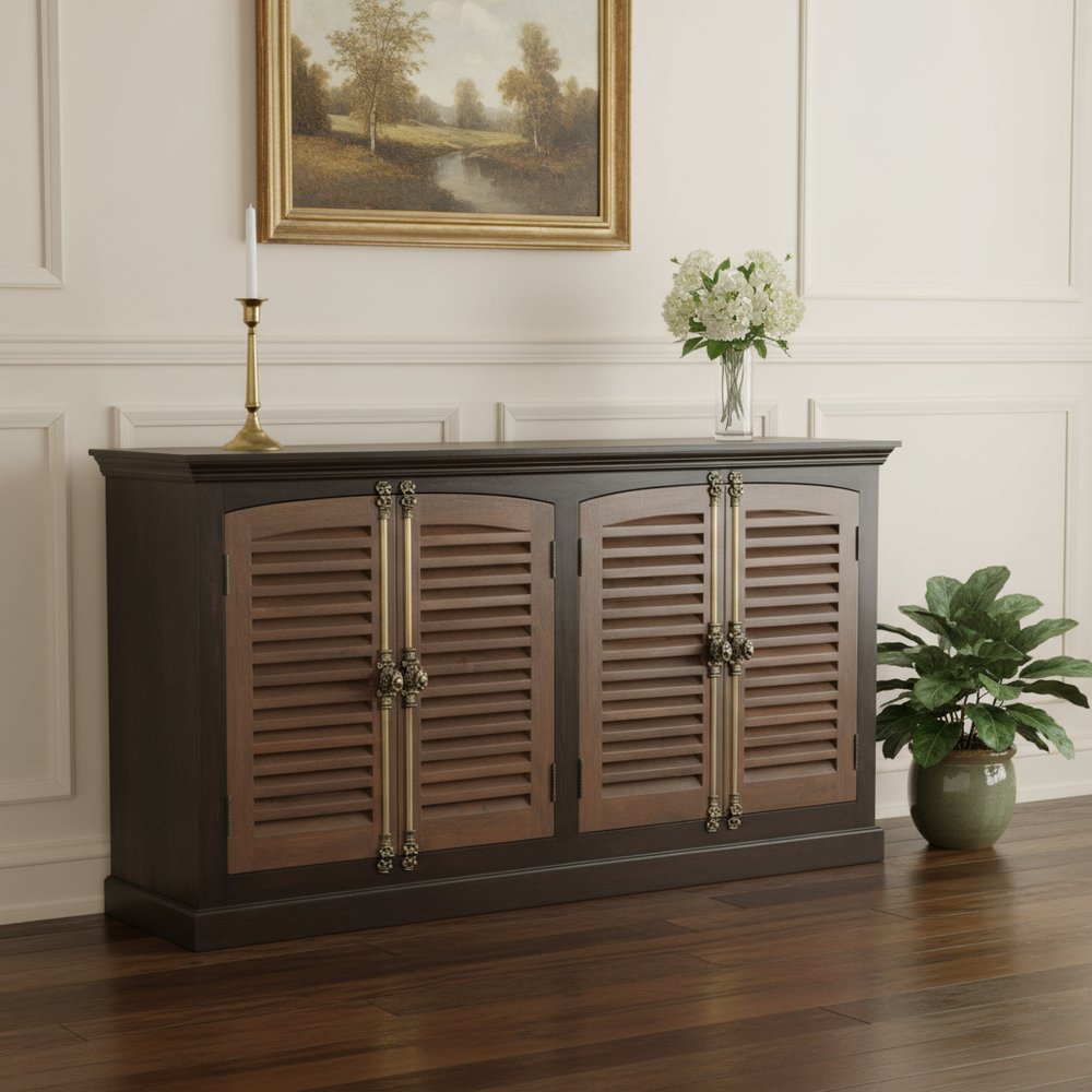 72" Dark Brown Solid Wood Shutter Style Sideboard with Four Doors