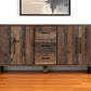 83" Dark Brown Distressed Reclaimed Wood Three Drawer Sideboard with Four Doors
