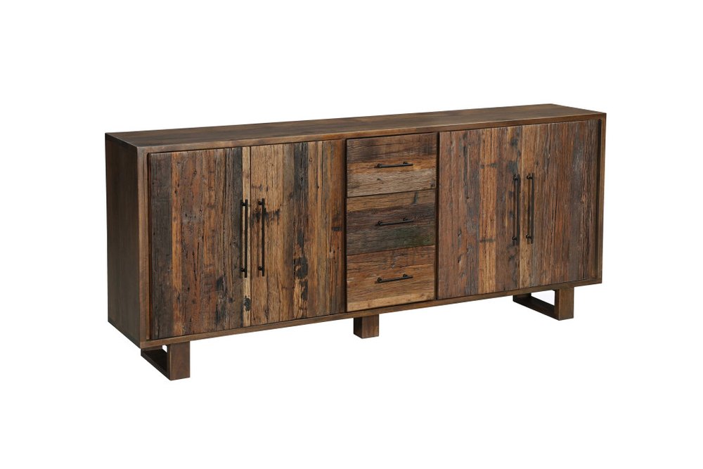83" Dark Brown Distressed Reclaimed Wood Three Drawer Sideboard with Four Doors