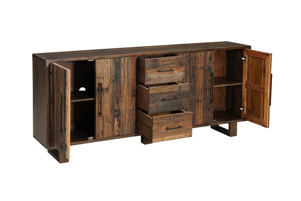 83" Dark Brown Distressed Reclaimed Wood Three Drawer Sideboard with Four Doors