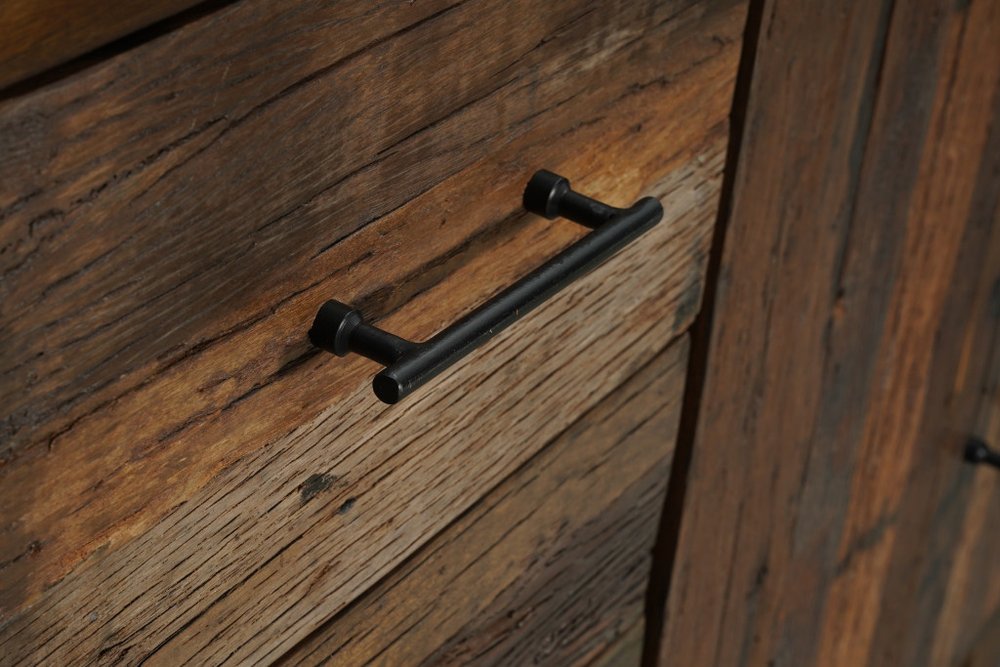 83" Dark Brown Distressed Reclaimed Wood Three Drawer Sideboard with Four Doors