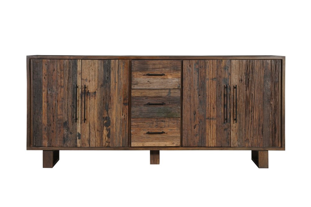 83" Dark Brown Distressed Reclaimed Wood Three Drawer Sideboard with Four Doors