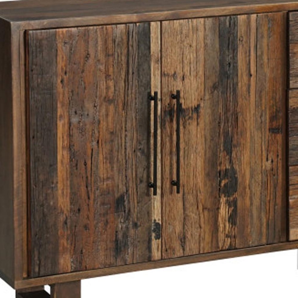 83" Dark Brown Distressed Reclaimed Wood Three Drawer Sideboard with Four Doors