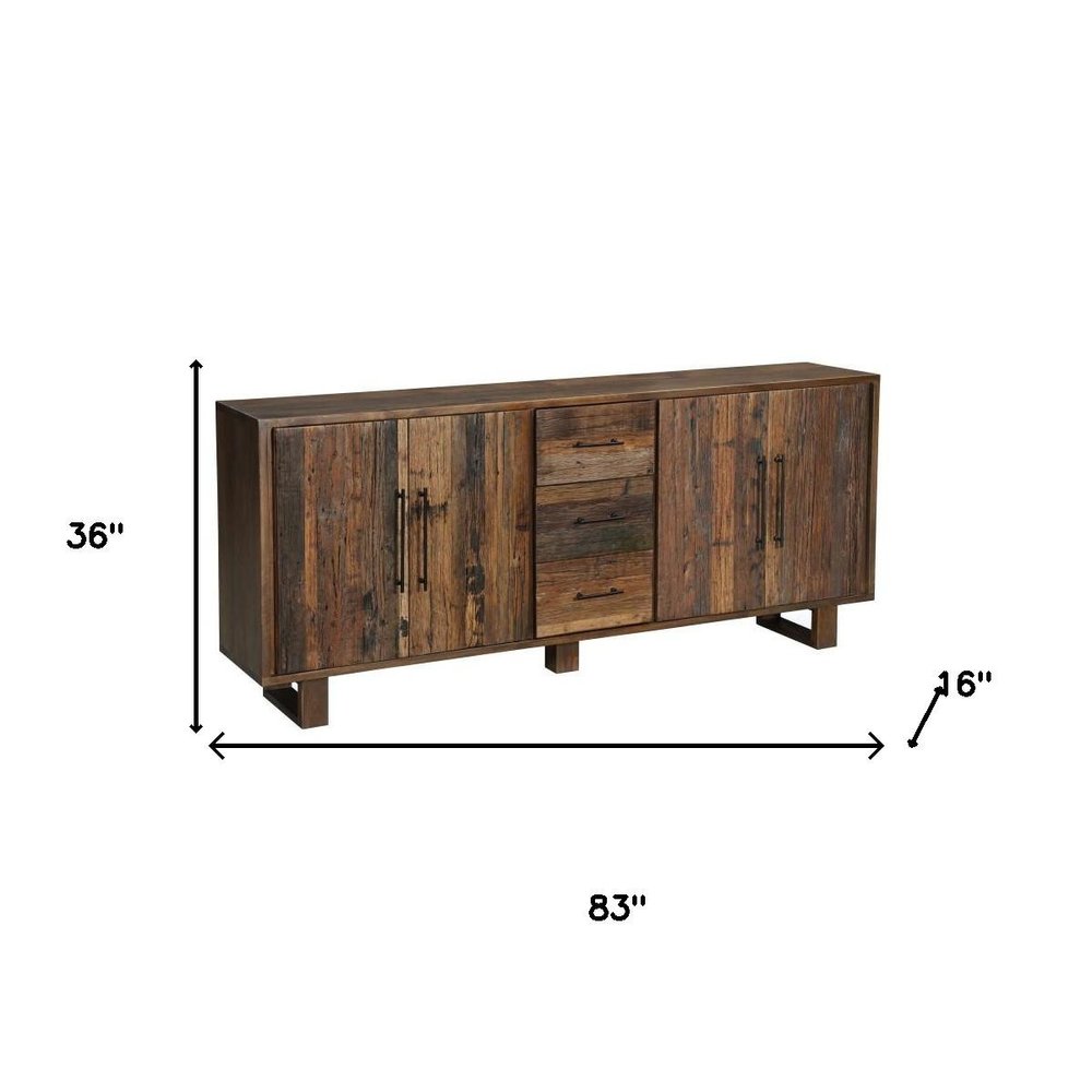 83" Dark Brown Distressed Reclaimed Wood Three Drawer Sideboard with Four Doors