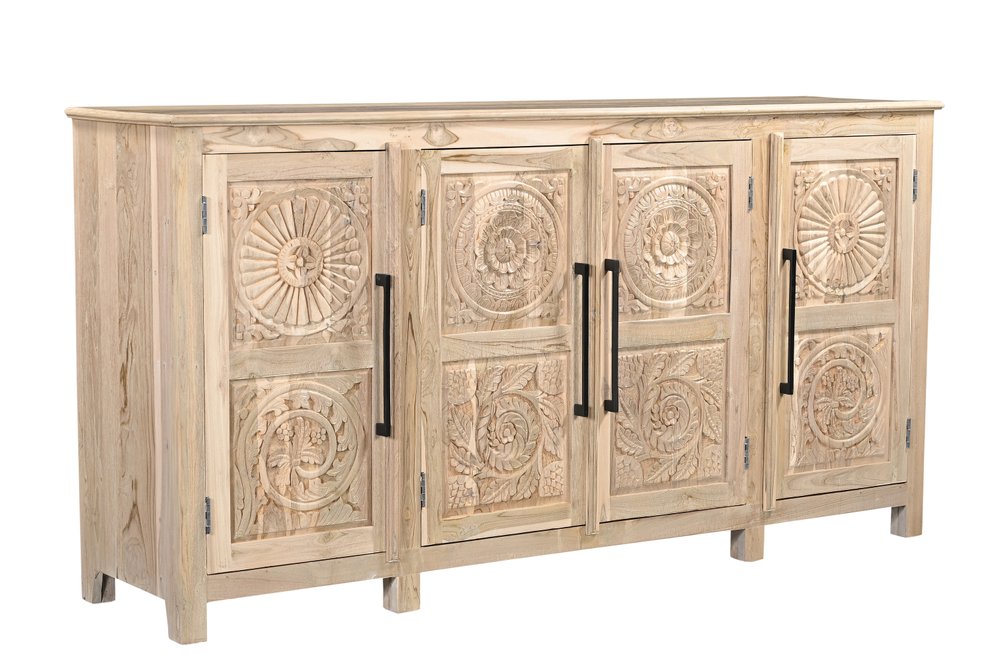 74" Natural Distressed Solid Wood Carved Floral Sideboard with Four Doors