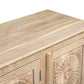 74" Natural Distressed Solid Wood Carved Floral Sideboard with Four Doors