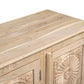 74" Natural Distressed Solid Wood Carved Floral Sideboard with Four Doors