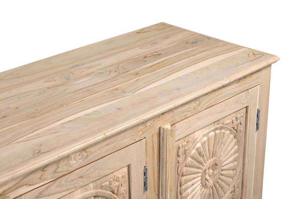 74" Natural Distressed Solid Wood Carved Floral Sideboard with Four Doors