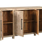 74" Natural Distressed Solid Wood Carved Floral Sideboard with Four Doors