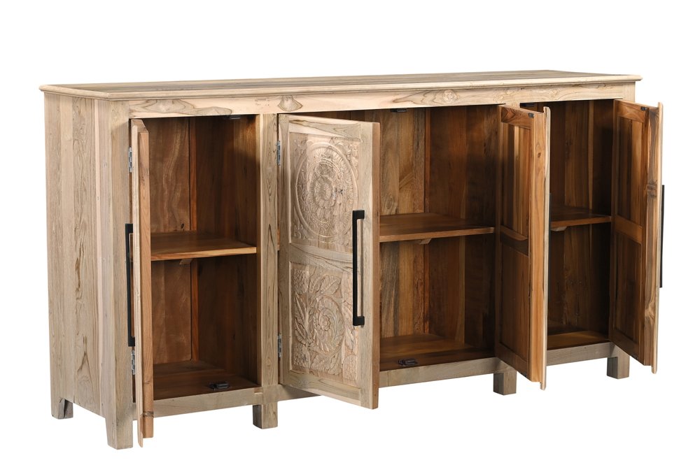 74" Natural Distressed Solid Wood Carved Floral Sideboard with Four Doors