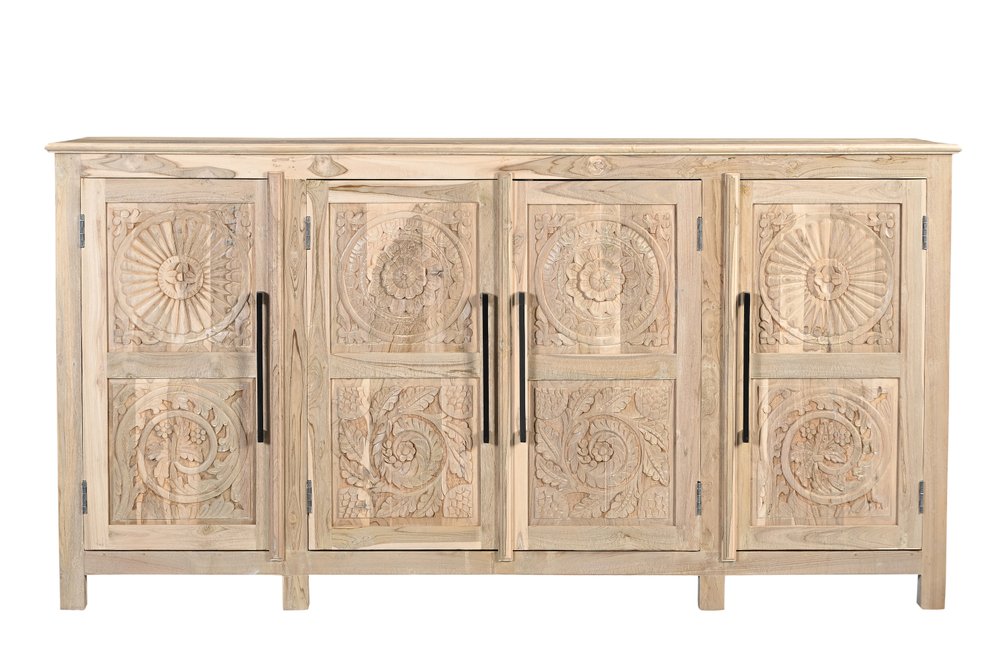 74" Natural Distressed Solid Wood Carved Floral Sideboard with Four Doors