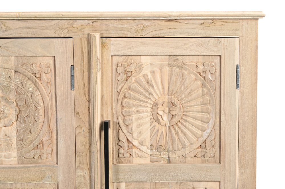 74" Natural Distressed Solid Wood Carved Floral Sideboard with Four Doors