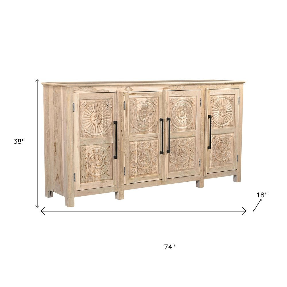 74" Natural Distressed Solid Wood Carved Floral Sideboard with Four Doors