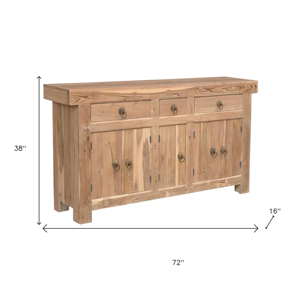 72" Natural Solid Wood Three Drawer Sideboard with Five Doors