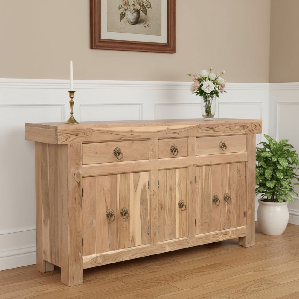 72" Natural Solid Wood Three Drawer Sideboard with Five Doors