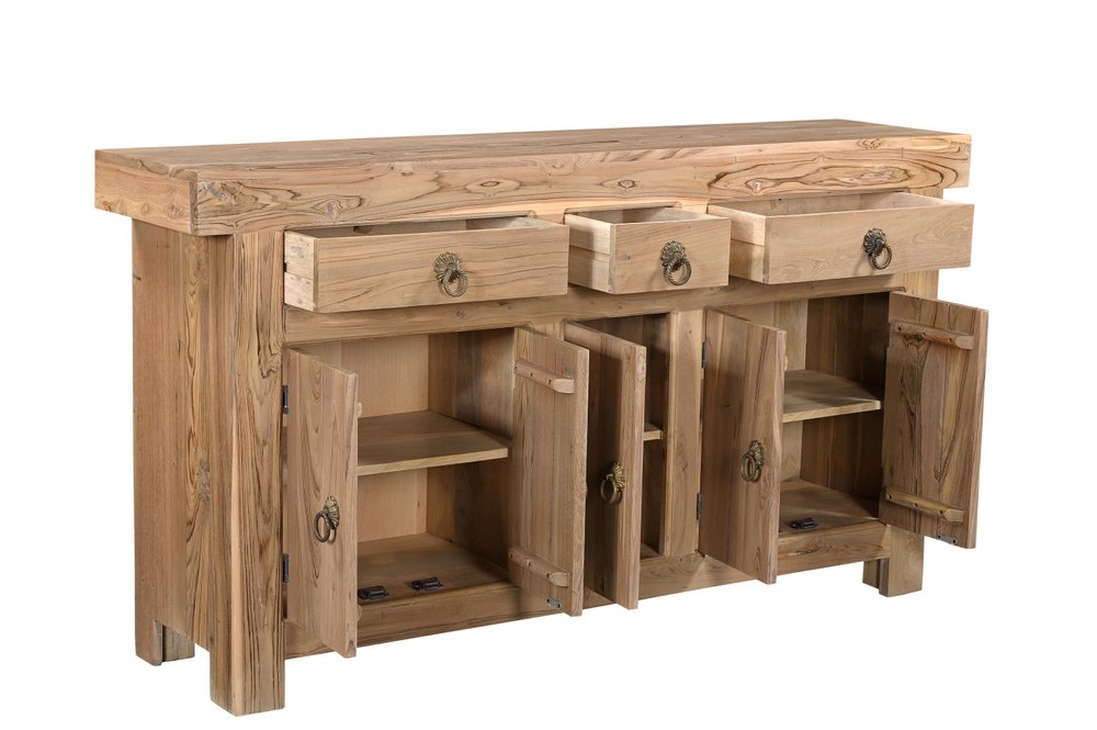 72" Natural Solid Wood Three Drawer Sideboard with Five Doors