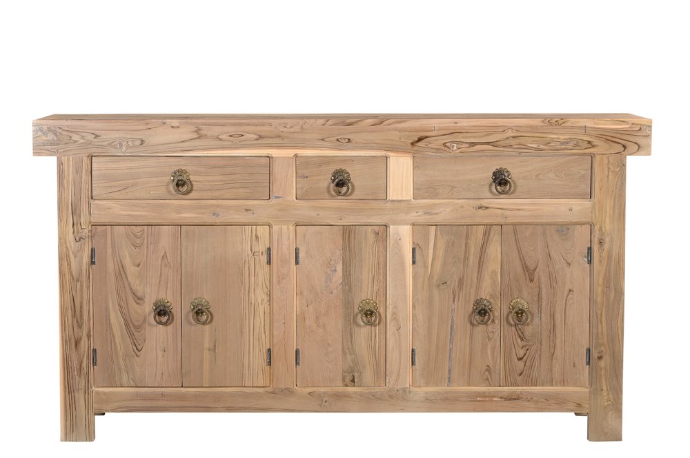 72" Natural Solid Wood Three Drawer Sideboard with Five Doors