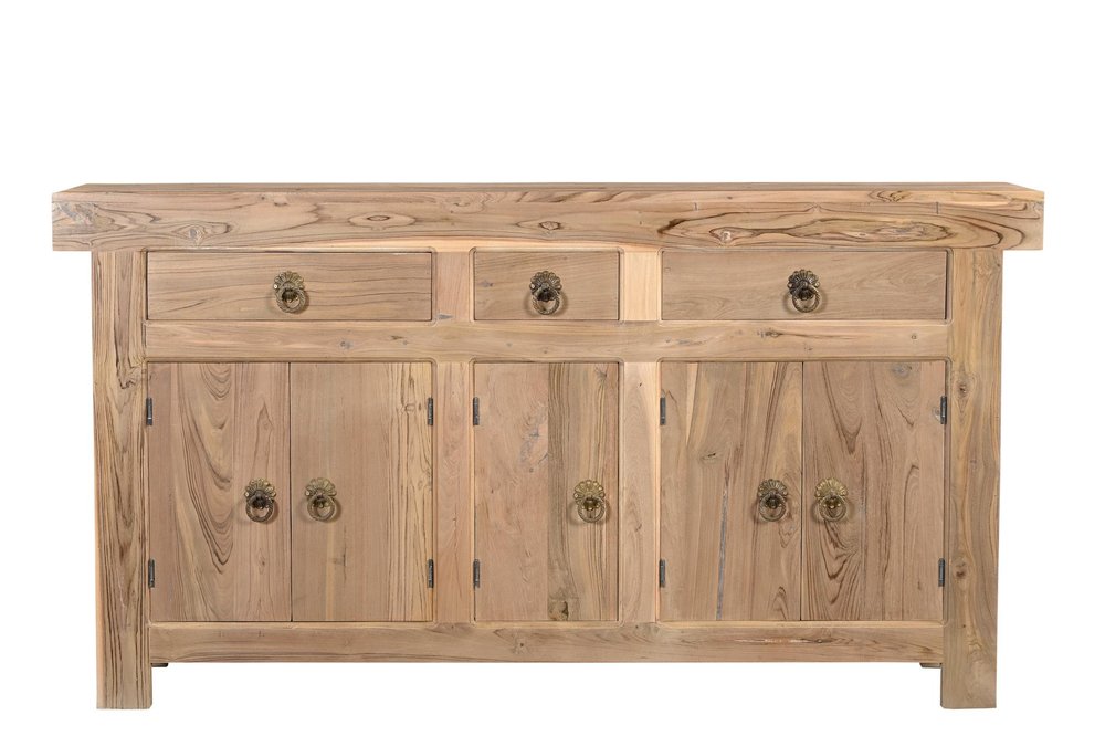 72" Natural Solid Wood Three Drawer Sideboard with Five Doors