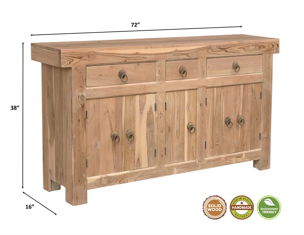 72" Natural Solid Wood Three Drawer Sideboard with Five Doors