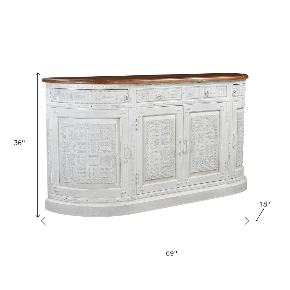 69" White And Brown Solid Wood Carved Geometric Four Drawer Four Door Sideboard
