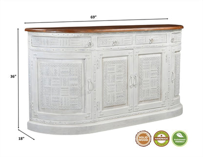 69" White And Brown Solid Wood Carved Geometric Four Drawer Four Door Sideboard