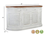 69" White And Brown Solid Wood Carved Geometric Four Drawer Four Door Sideboard