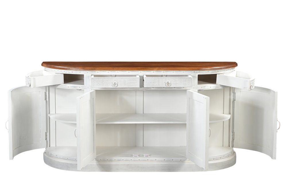 69" White And Brown Solid Wood Carved Geometric Four Drawer Four Door Sideboard