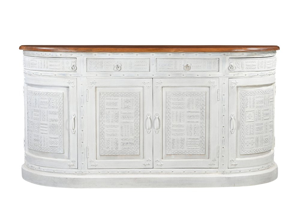 69" White And Brown Solid Wood Carved Geometric Four Drawer Four Door Sideboard