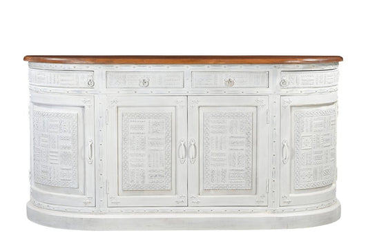 69" White And Brown Solid Wood Carved Geometric Four Drawer Four Door Sideboard