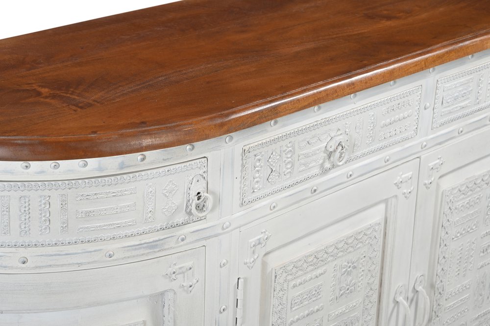 69" White And Brown Solid Wood Carved Geometric Four Drawer Four Door Sideboard