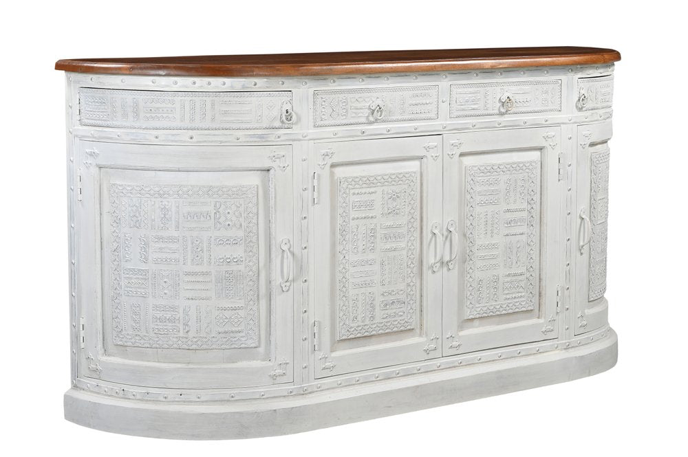 69" White And Brown Solid Wood Carved Geometric Four Drawer Four Door Sideboard