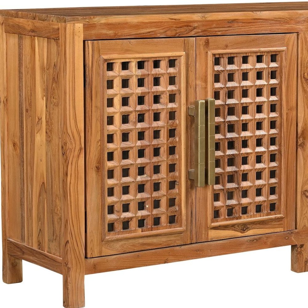 71" Brown Solid Wood Carved Geometric Sideboard with Four Doors