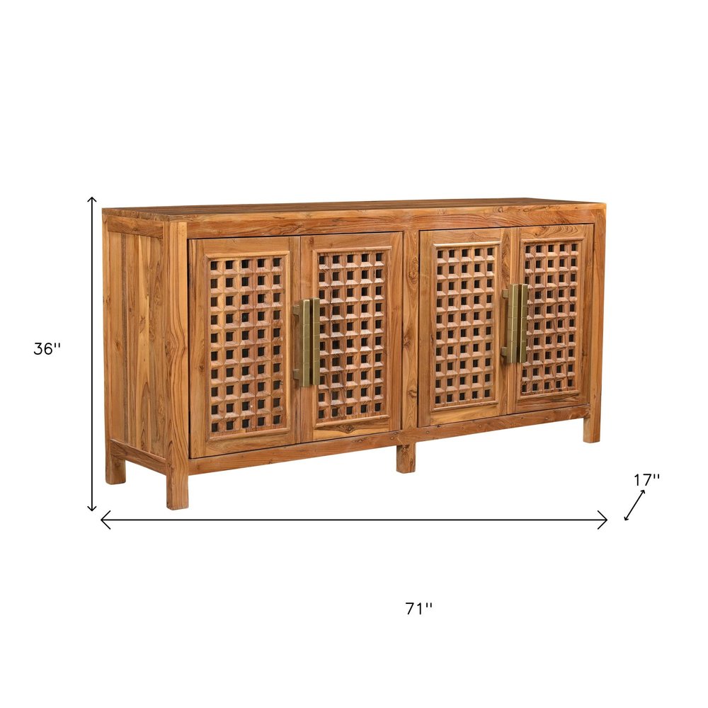 71" Brown Solid Wood Carved Geometric Sideboard with Four Doors