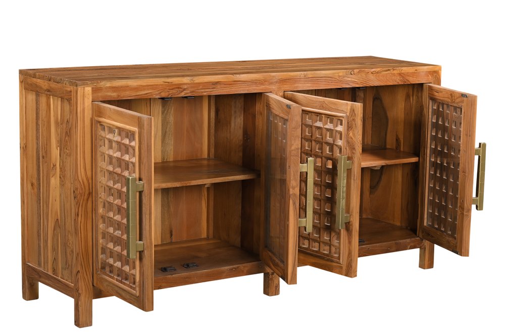 71" Brown Solid Wood Carved Geometric Sideboard with Four Doors