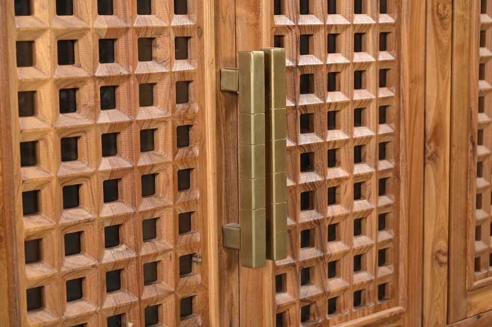 71" Brown Solid Wood Carved Geometric Sideboard with Four Doors
