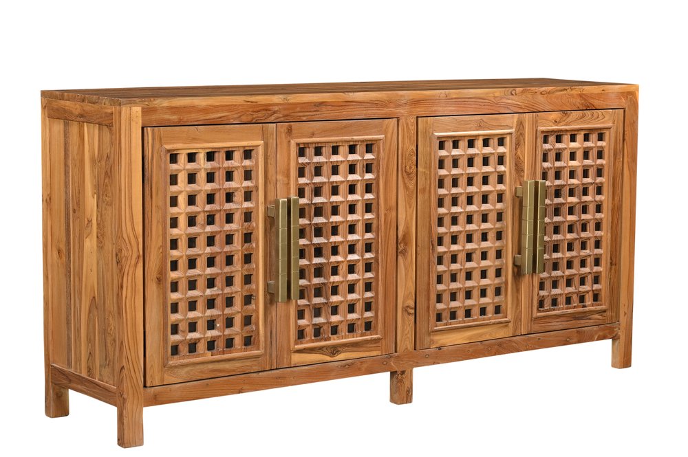 71" Brown Solid Wood Carved Geometric Sideboard with Four Doors
