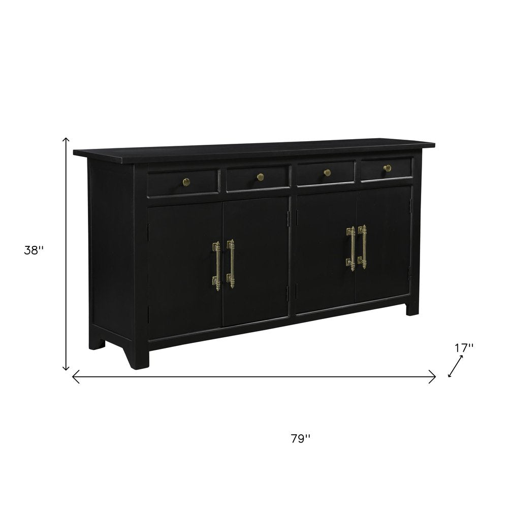 79" Black Solid Wood Four Drawer Sideboard with Four Doors