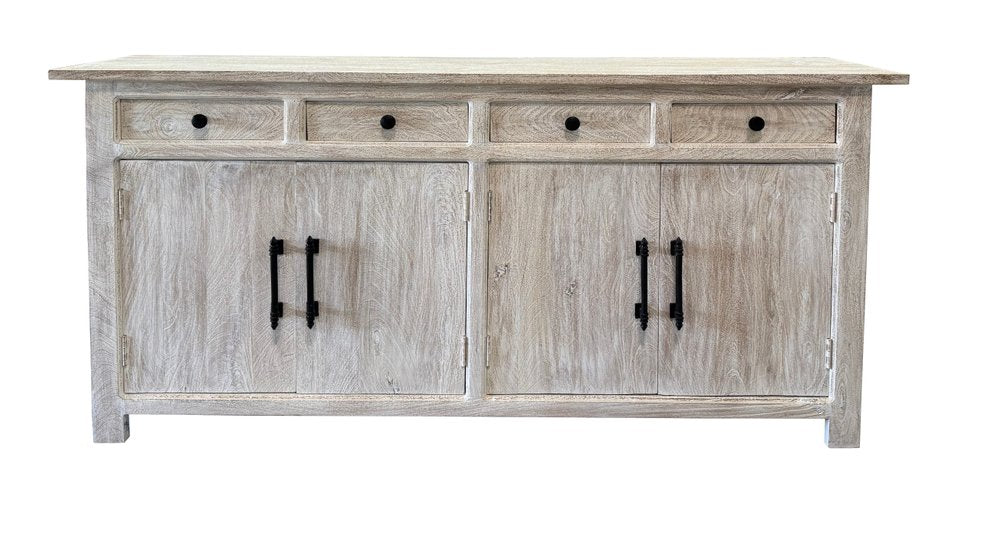 79" White Distressed Solid Wood Paneled Four Drawer Sideboard with Four Doors