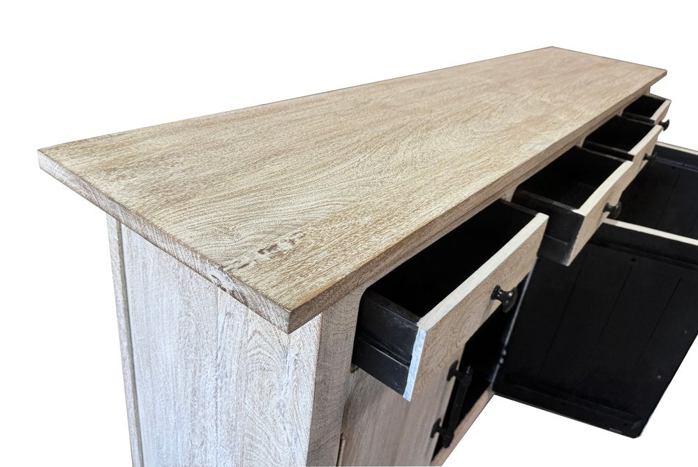 79" White Distressed Solid Wood Paneled Four Drawer Sideboard with Four Doors