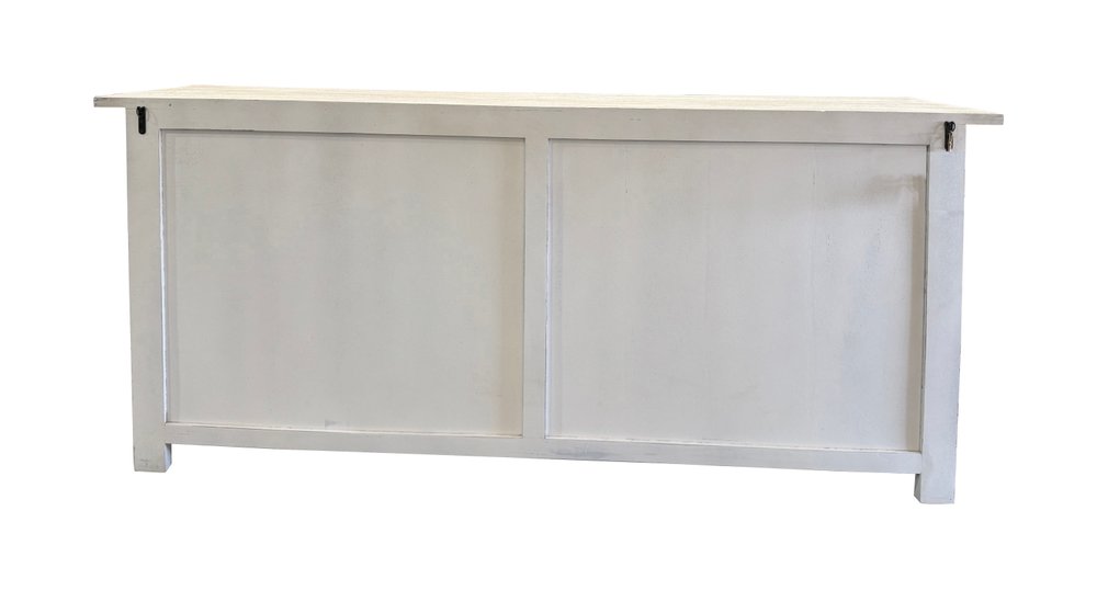 79" White Distressed Solid Wood Paneled Four Drawer Sideboard with Four Doors