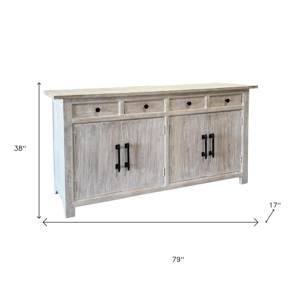 79" White Distressed Solid Wood Paneled Four Drawer Sideboard with Four Doors